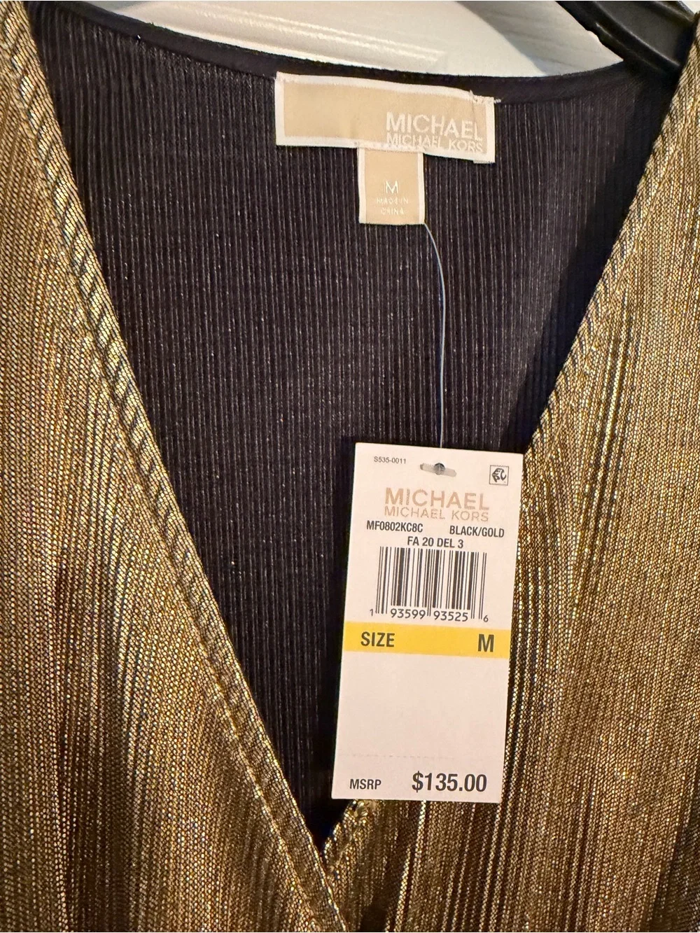 Michael Kors Metallic Gold V neck Dress with Ruffle Hem